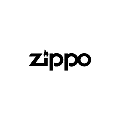 Zippo logo with a stylized flame over the letter "i" in bold black text.