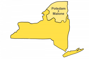 A simplified yellow map of New York State with the area of Potsdam and Malone highlighted, on a black background.