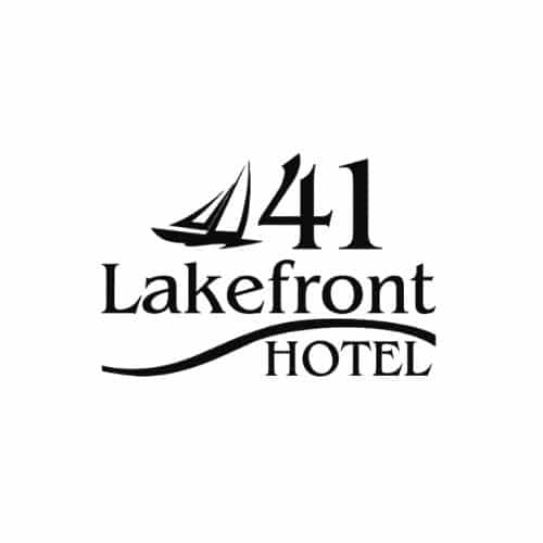 A stylized number “41” with a sailboat silhouette above the word “Lakefront,” and the word “HOTEL” beneath a curved underline.