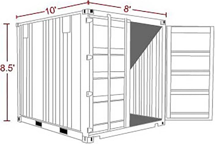 Diagram of a 10-foot long, 8.5-foot tall, and 8-foot wide storage container with open double doors.