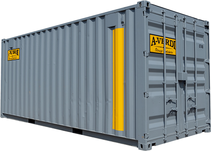 Gray 20-foot A-Verdi storage container with yellow branding stripe and secure double doors.