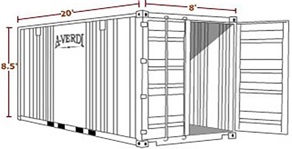Diagram of a 20-foot long, 8.5-foot tall, and 8-foot wide A-Verdi storage container with open double doors.