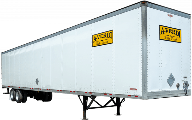 White A-Verdi trailer rental with yellow logo and dual axles, designed for storage or transport use.