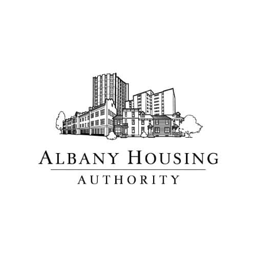 Albany Housing Authority design featuring a detailed black and white illustration of various residential and apartment buildings, with the text “Albany Housing Authority” below, separated by a horizontal line.