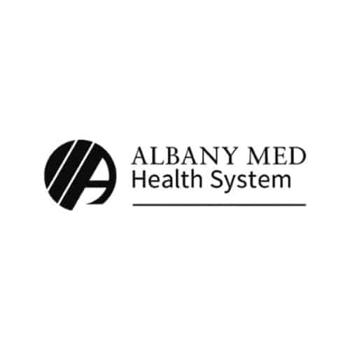 Black Albany Med Health System design featuring a stylized “A” in a circular icon to the left, with the words “ALBANY MED Health System” in uppercase and title case lettering, and a horizontal line beneath the text.