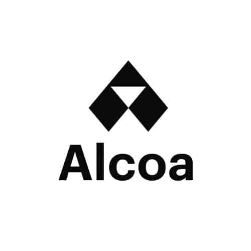 Black geometric diamond-shaped logo with a central white triangle pointing upward, positioned above the bold word “Alcoa” in black sans-serif letters.