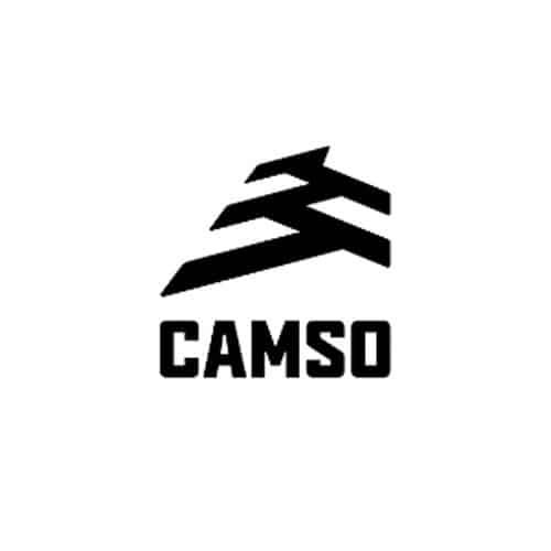 Black stylized geometric mountain logo above bold capital letters spelling “CAMSO” in sans-serif font.