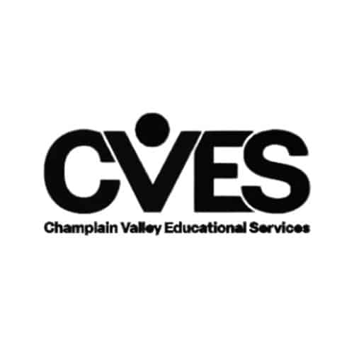 Black bold “CVES” text with the “V” shaped like a person’s torso and head, and “Champlain Valley Educational Services” written underneath in smaller letters.