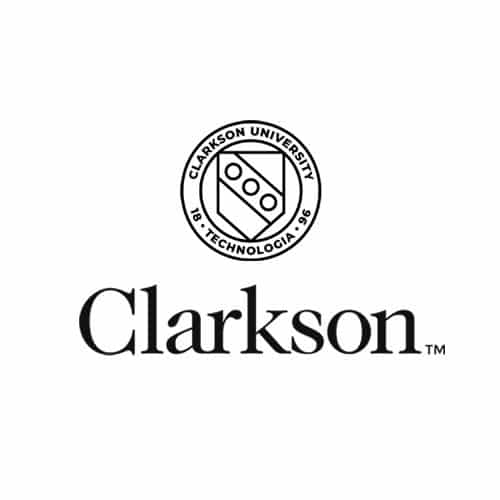 Circular emblem with the text "Clarkson University" and "Technologia 1896" surrounding a shield design featuring three circular symbols. Below, the word "Clarkson" appears in large serif font.