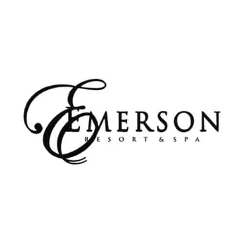 Black stylized letter “E” intertwined with the word “Emerson” in uppercase serif font, with the smaller words “Resort & Spa” centered beneath.