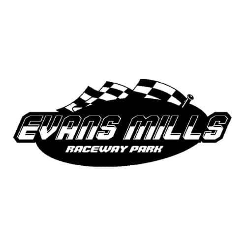 A bold, black, stylized racing flag icon positioned above the words "EVANS MILLS" in large, solid, uppercase letters, with the words "RACEWAY PARK" below in smaller text.