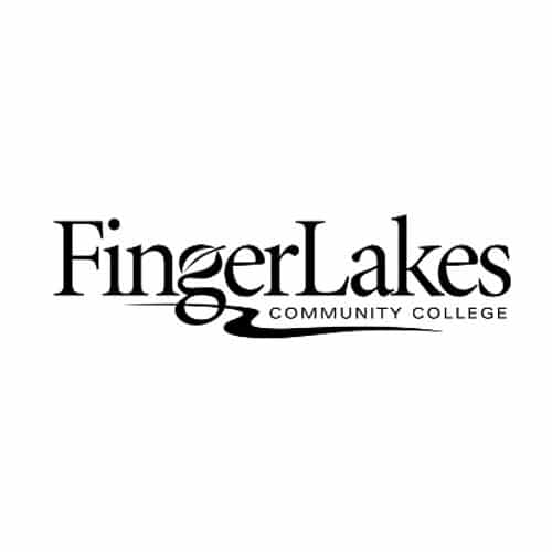 A bold, black wordmark reading "Finger Lakes" in a serif font, with a stylized wave integrated into the letter "g" and the words "Community College" in smaller capital letters underneath.