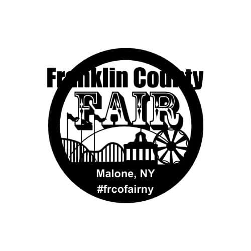 Ferris wheel and roller coaster graphic inside a bold circle with text "Franklin County Fair" and "Malone, NY #frcofairny"
