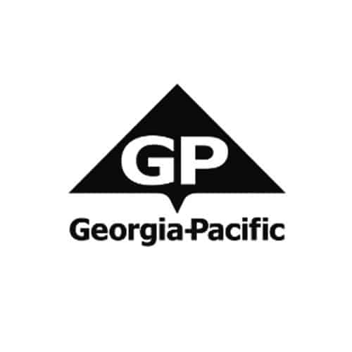 Black triangle logo with the white letters “GP” centered, and the words “Georgia-Pacific” in bold black font beneath.