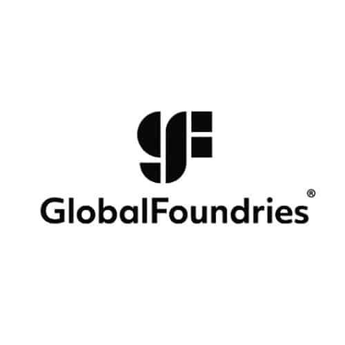 A stylized “GF” logo composed of abstract geometric shapes above the text “GlobalFoundries” in a clean, modern font.