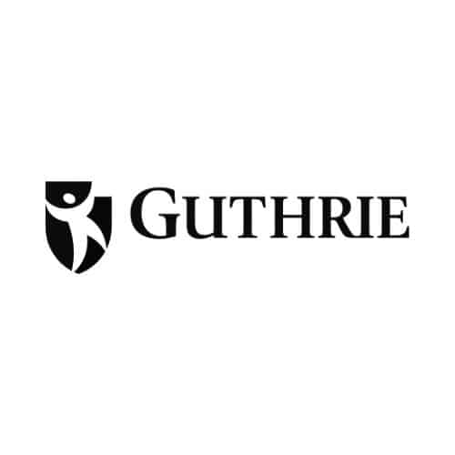 Black Guthrie design featuring a shield-shaped emblem with a stylized human figure inside, positioned to the left of the word “GUTHRIE” in bold serif capital letters.