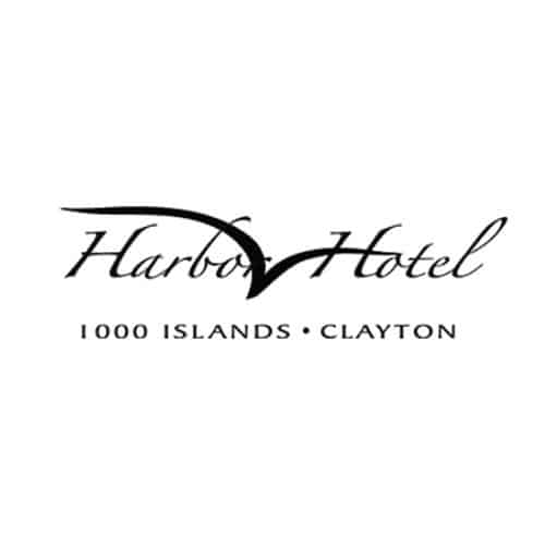 A stylized black logo featuring the words “Harbor Hotel” in an elegant script font, with a sweeping curved line resembling a bird or wave connecting the two words. Below, in smaller uppercase sans-serif letters, it reads “1000 ISLANDS • CLAYTON.”