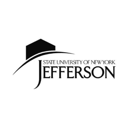 A black, stylized graduation cap graphic arched over the words "STATE UNIVERSITY OF NEW YORK" in uppercase letters, placed above the larger, bold word "JEFFERSON" in serif font, with the letter "J" extending downward as a decorative element.