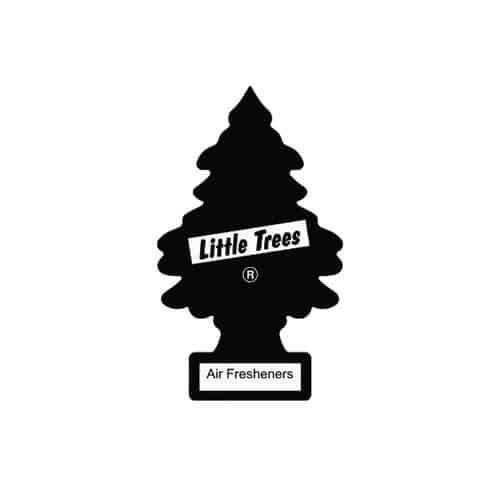 A black, stylized silhouette of a pine tree with the words “Little Trees” in script on a diagonal white banner across the center, a small ® symbol beneath, and a rectangular label at the bottom reading “Air Fresheners.”
