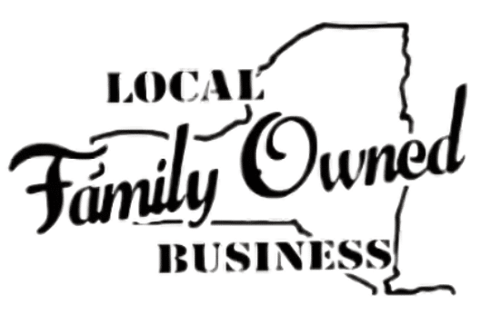 Logo with the outline of New York State and the words 'Local Family Owned Business' in mixed bold and script fonts.