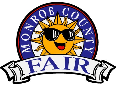 Logo of the Monroe County Fair featuring a smiling sun wearing sunglasses inside a blue circle with bold text.