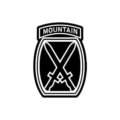 A black, angular, abstract letter "M" icon positioned above the word "MOUNTAIN" in uppercase letters within a rounded rectangular banner, all enclosed in a vertically elongated shield shape with two crossed swords in the center.