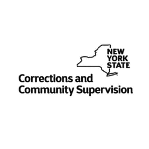 New York State Corrections and Community Supervision logo featuring state outline and bold black lettering