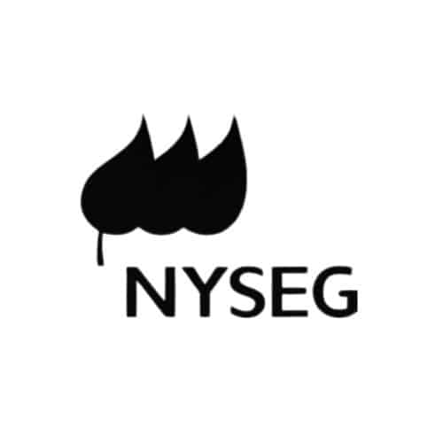 Black NYSEG design featuring three stylized overlapping leaves above the acronym “NYSEG” in bold uppercase letters.