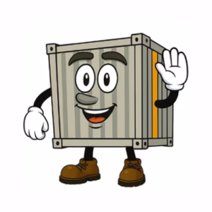 Verdie, the A-Verdi Storage Containers mascot, smiling and waving while standing in work boots and white gloves.