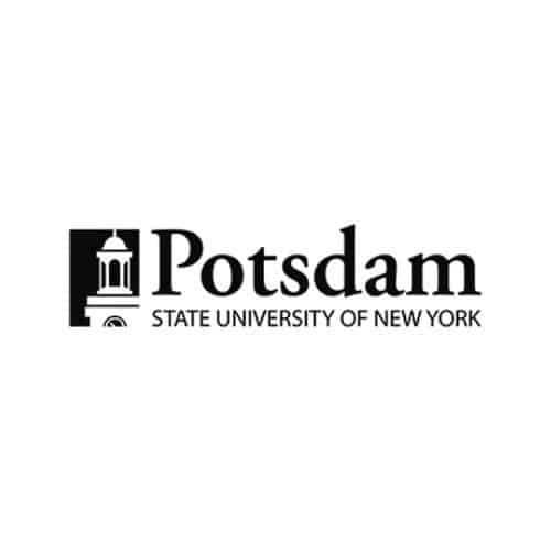 Black and white emblem with a stylized clock tower enclosed in a square on the left, followed by the word “Potsdam” in bold serif font and “State University of New York” in smaller uppercase letters below.