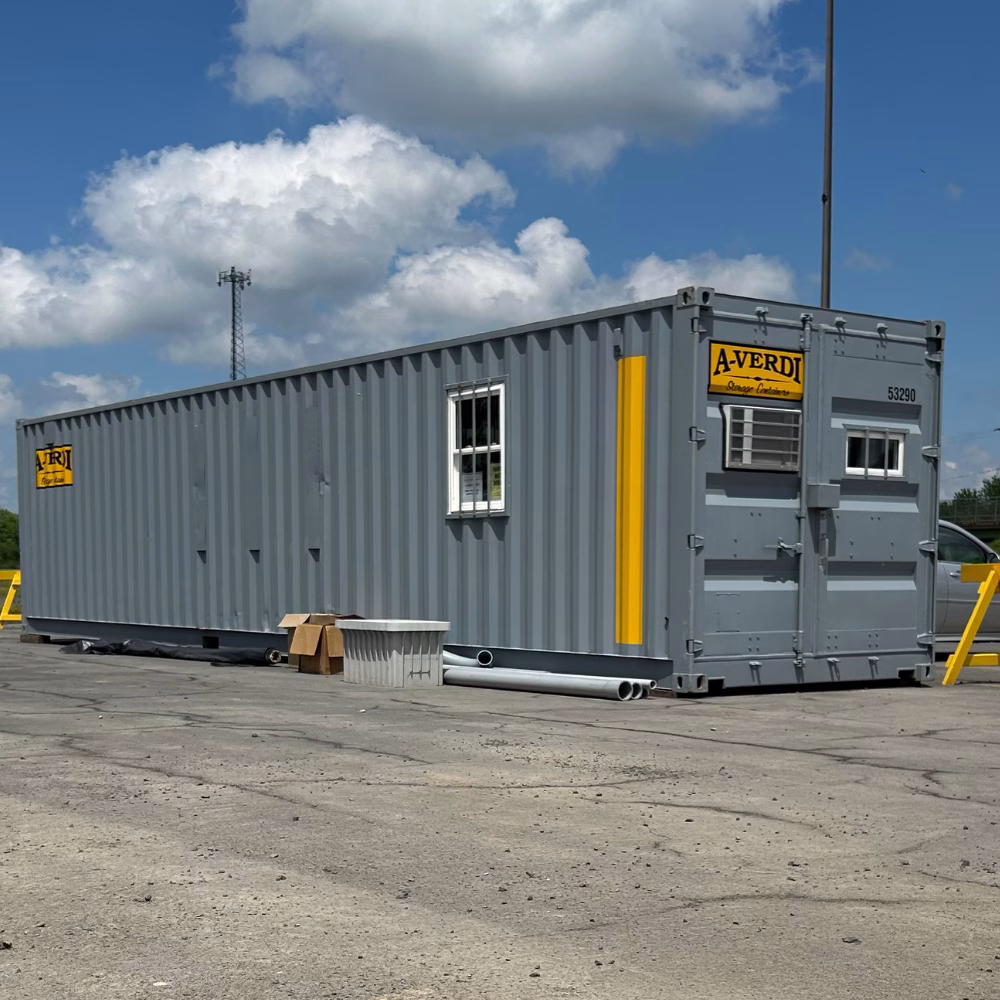 A Smarter Office Solution for the Jobsite A-Verdi office container on a construction site, featuring secure steel walls, windows, and jobsite-ready durability.