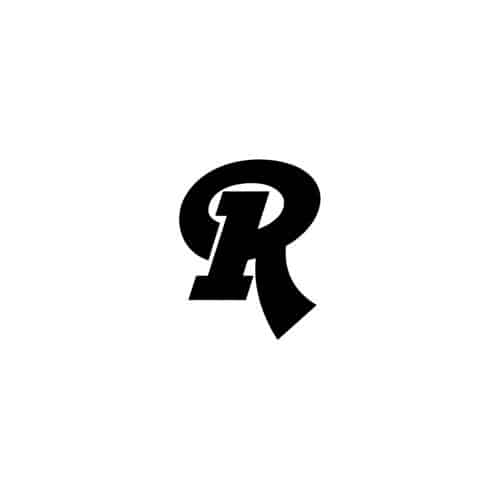 A bold, black letter "R" with a stylized tail curving downward and to the right.