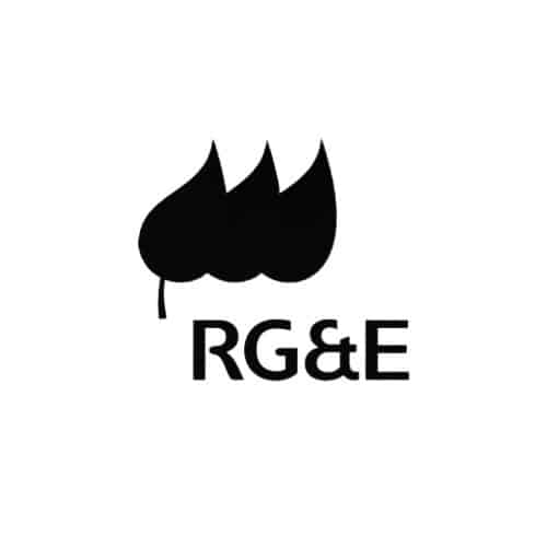A bold, black logo featuring three stylized flame-like leaves above the text “RG&E” in uppercase letters.