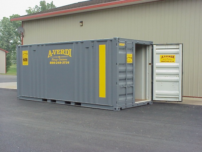 A-Verdi storage container with door open outside building