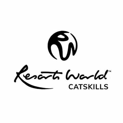 Black and white Resorts World Catskills logo with a circular emblem above stylized script text, featuring an abstract “RW” design inside the circle.