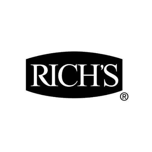 Rich’s design featuring the brand name in elegant serif capital letters inside a solid black horizontal oval shape with curved edges.