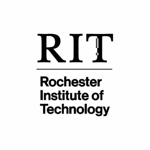 Black text logo with large “RIT” above a horizontal line, and the words “Rochester Institute of Technology” in stacked format below.
