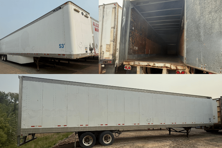 Dependable Van Trailers for Sale from A-Verdi Three views of 53-foot white dry van trailers used for storage or transport. The top-left image shows a clean trailer with the "53’" marking. The top-right image captures the open back end of a trailer, revealing a long, empty interior with visible wear. The bottom image features a side profile of a parked trailer in a gravel lot with trees in the background.