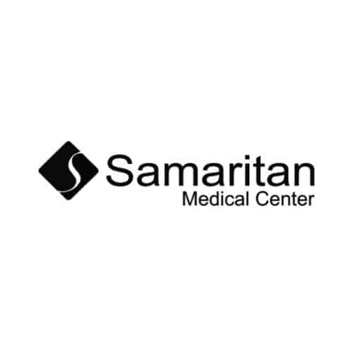 A black, stylized diamond-shaped icon with a curved white “S” in the center, positioned to the left of the word “Samaritan” in bold black letters. Below “Samaritan,” in smaller text, are the words “Medical Center.”