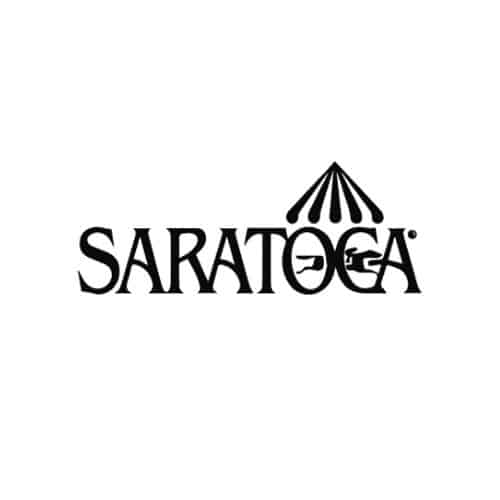 A stylized wordmark in black capital letters spelling “Saratoga,” with the “O” designed as a horse silhouette under a striped tent-like structure.