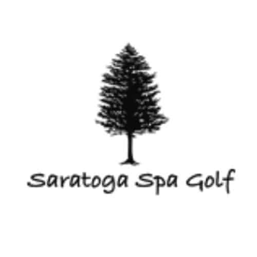 A tall, black silhouette of a pine tree with the words “Saratoga Spa Golf” written below it in a casual, handwritten-style font.