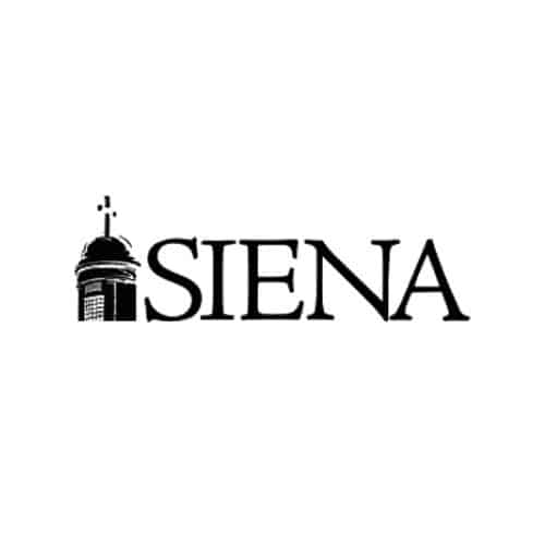 Black Siena College logo featuring the word “SIENA” in a serif font alongside an illustration of a building dome topped with a cross.