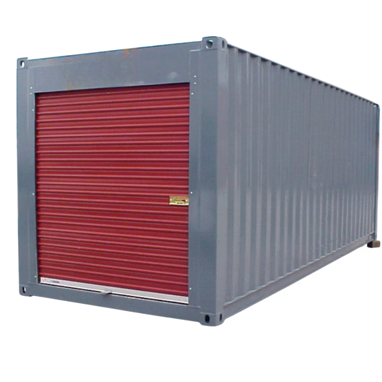 Gray storage container with red roll-up door for easy access