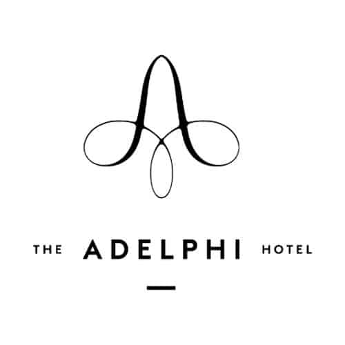 A stylized letter "A" forming a symmetrical abstract design, with the words "The Adelphi Hotel" in uppercase letters below.
