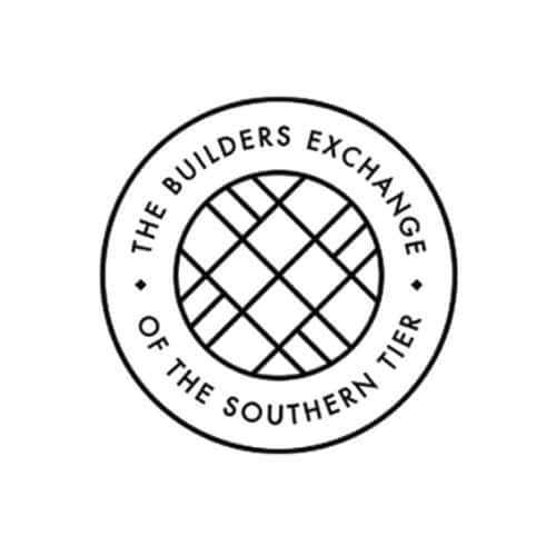 Black and white circular seal for The Builders Exchange of the Southern Tier, featuring a geometric grid pattern in the center surrounded by the organization’s name in uppercase letters.