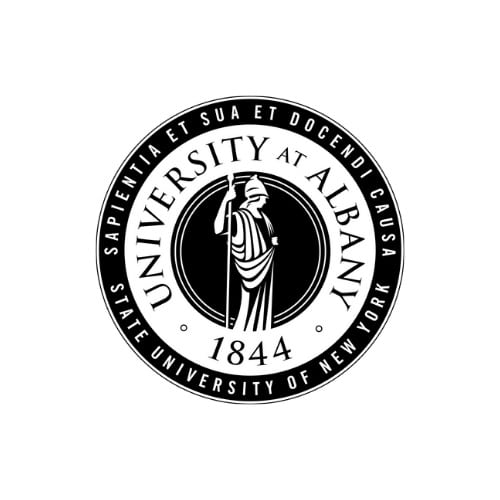 Black and white circular seal of the University at Albany, State University of New York, featuring a depiction of Minerva, the Roman goddess of wisdom, holding a staff. The text around the border reads “Sapientia Et Sua Et Docendi Causa” and “University at Albany 1844.”