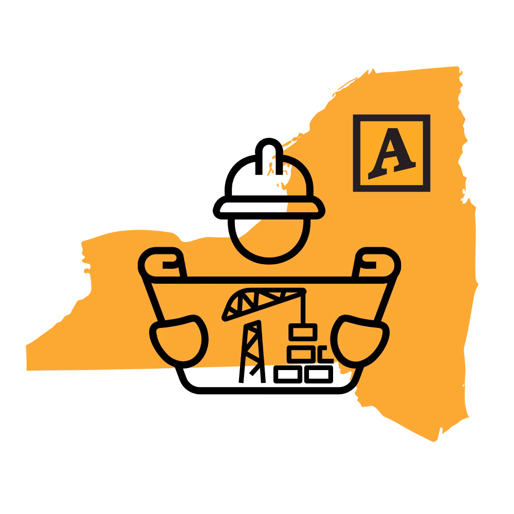 Construction x A-Verdi—Building Across New York with A-Verdi Illustrated map of Western New York highlighting construction activity and A-Verdi jobsite support services.