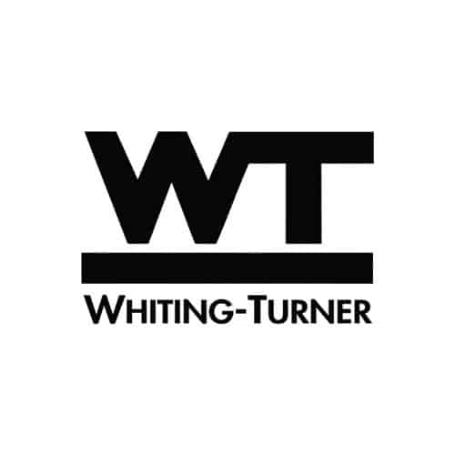 Black letters “WT” in bold uppercase above a thick horizontal bar, with “Whiting-Turner” written below in smaller uppercase text.