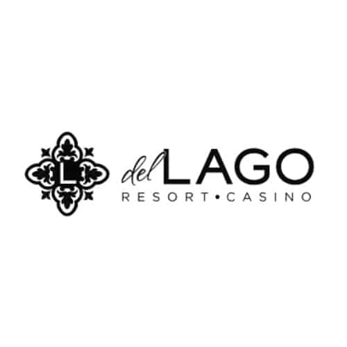 A simple, elegant emblem featuring an ornate "L" within a decorative cross-like design, followed by the text “del LAGO” in a modern font and “RESORT • CASINO” in smaller capital letters underneath.