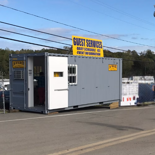 A-Verdi Office Containers for Events Across New York A-Verdi storage container converted into a guest services office for a special event.